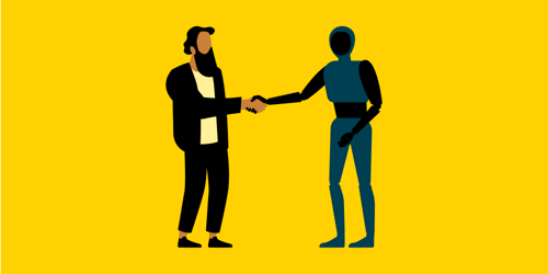 Piirroskuva, jossa mies puristaa kättä tokeälyä kuvastavan robotin kanssa.