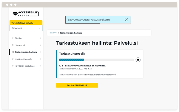 Näyttökuva Accessibility Keeperin ”Tarkistuksen hallinta” -sivusta