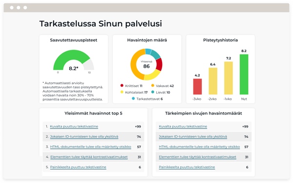 Näyttökuva Accessibility Keeperin ”Tarkastelussa Sinun palvelusi” -sivu