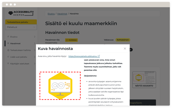 Näyttökuva Accessibility Keeperin löytämistä havainnoista