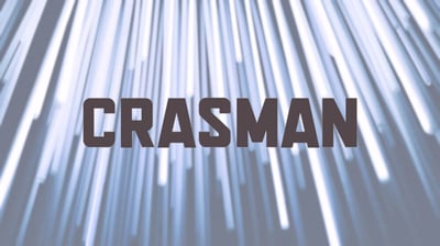 Dark gray Crasman logo on a background of vertical led lights.