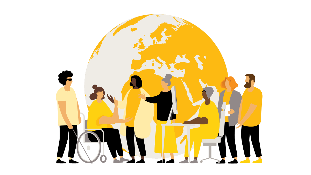 Piirroskuva maapallosta, jossa maanosat on keltaisia. Edessä seisoo ryhmä erilaisia ihmisiä.