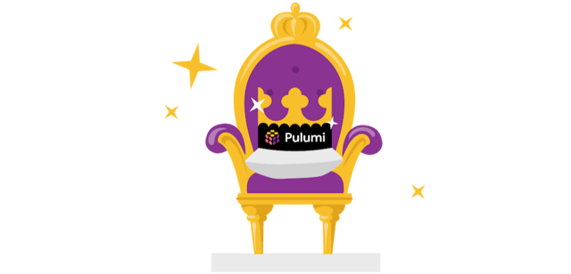 Pulumi logo on a purple and gold throne with a crown on top
