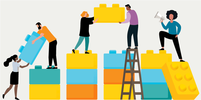 People building steps with building blocks