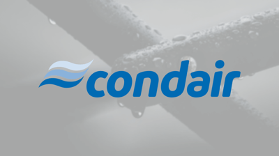 Condair logo on top of black and white wet pipeline image
