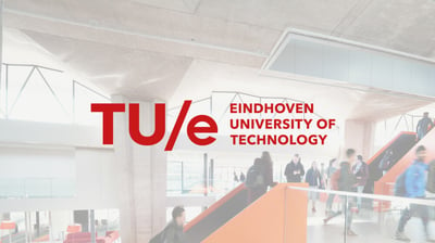 Eindhoven University of Technology logo on top of image that is taken inside the university