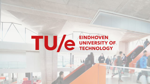 Eindhoven University of Technology logo on top of image that is taken inside the university