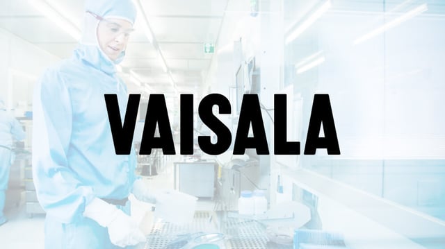 Musta Vaisalan logo haalean Vaisalan laboratoriokuvan päällä