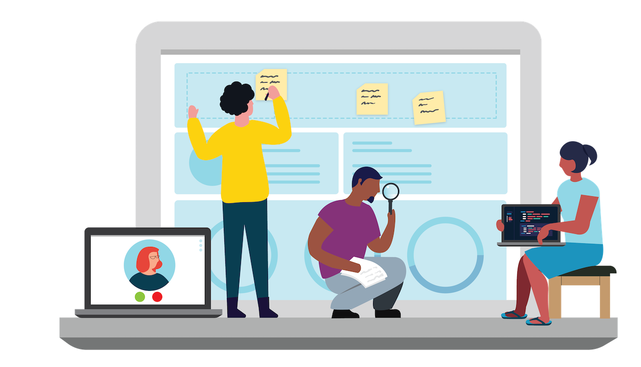 Three people designing, testing, and building