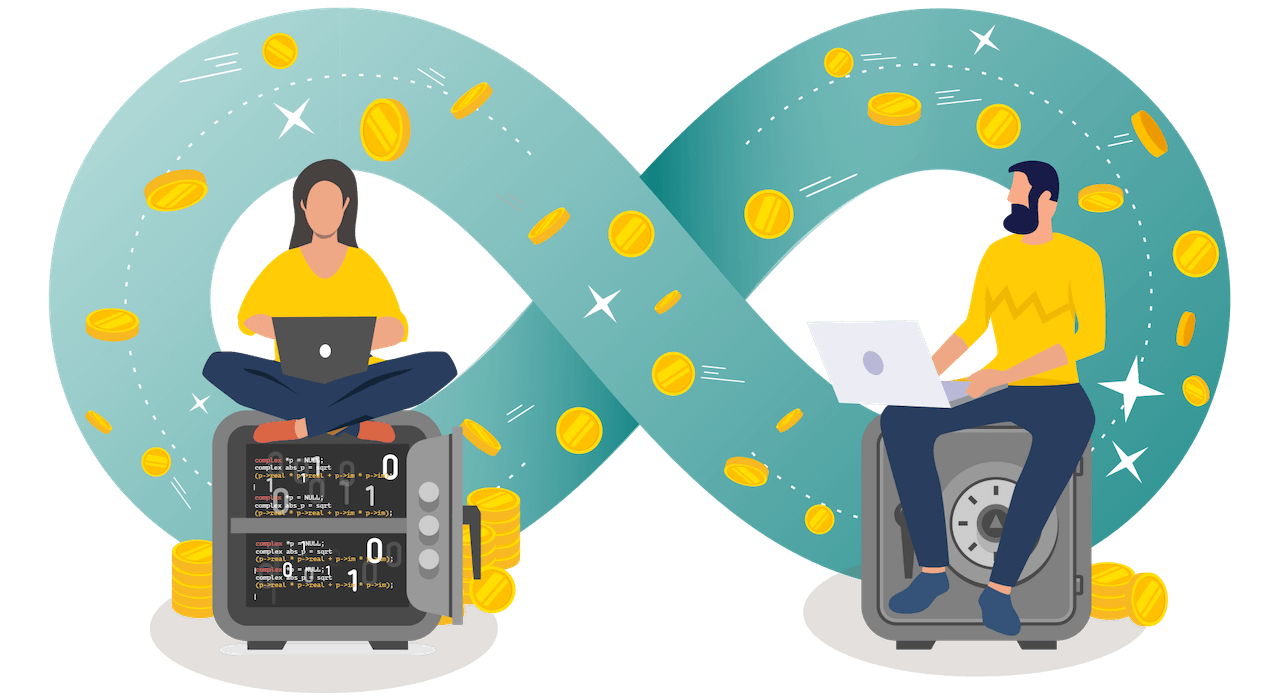 Two persons are seating on safes, in the background there's a devops infinity loop with coins going through