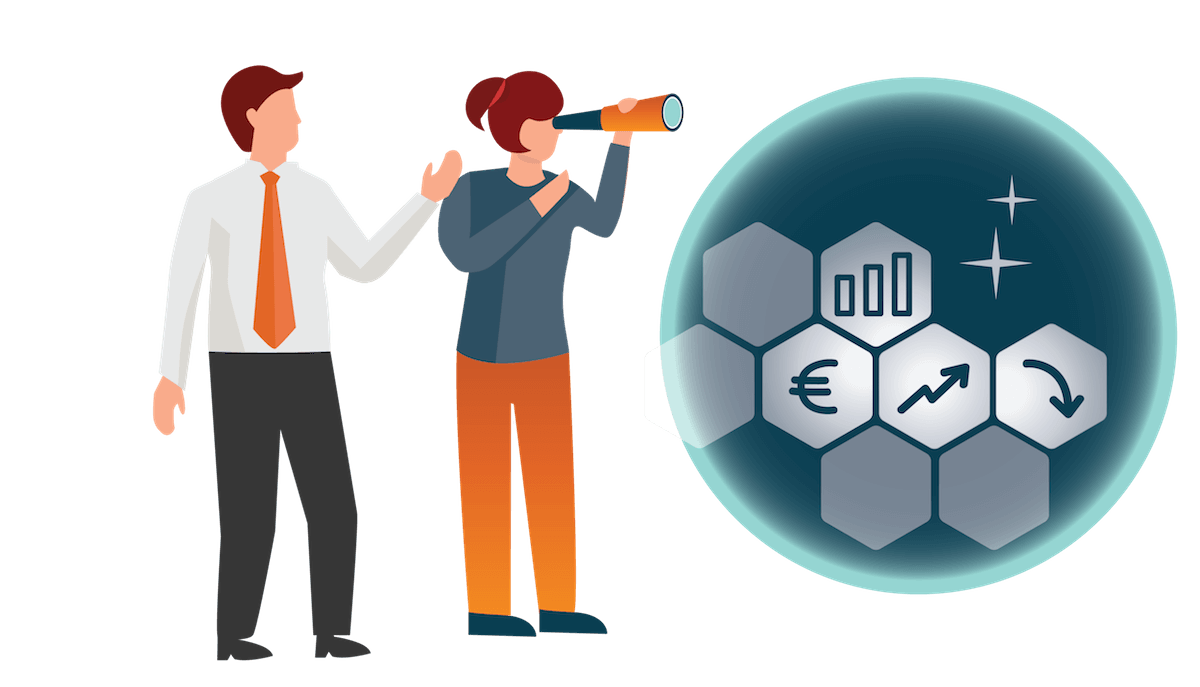 Two persons look into binoculars and see a euro sign, a chart and arrows going up and down