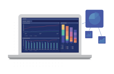 Illustration of a laptop with a dashboard of graphs and charts