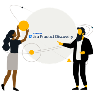 Illustraatio kahdesta henkilöstä Jira Product Discovery universumin vieressä