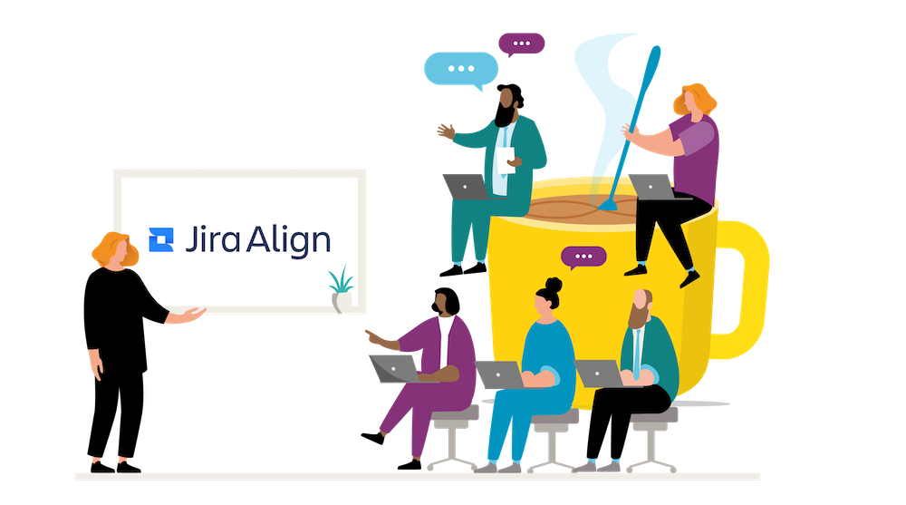 People at a breakfast event on Jira Align who sit around a huge yellow coffee cup