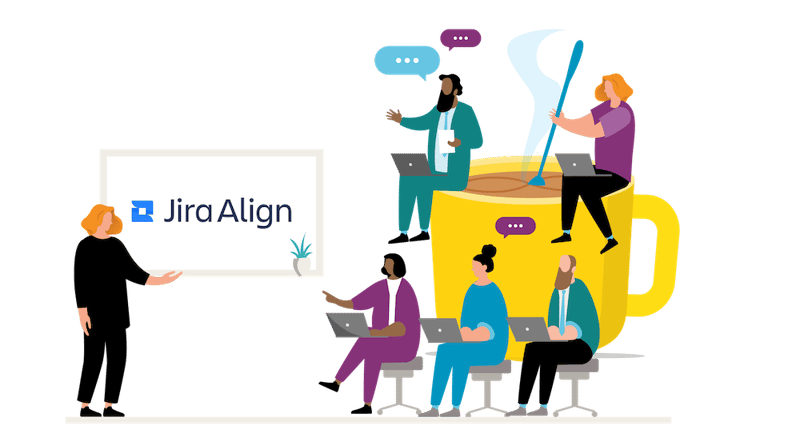People at a breakfast event on Jira Align who sit around a huge yellow coffee cup