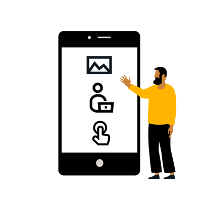 Kuvituskuva miehestä seisomassa suuren älypuhelimen vieressä, jonka näytöllä on kuvaa, käyttäjää ja helppokäyttöisyyttä kuvaavat ikonit.