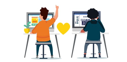 Illustration where two people are on their own computer's and yellow heart between them