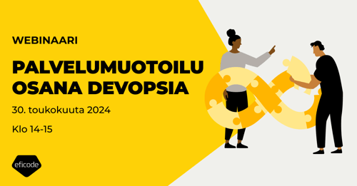 Palvelumuotoilu osana DevOpsia webinaarin kansikuva, jossa kaksi henkilöä kasaavat DevOps-silmukan muotoista palapeliä.