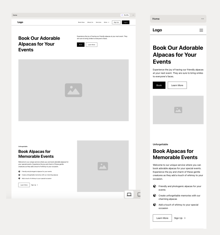 Wireframe with three screen sizes.