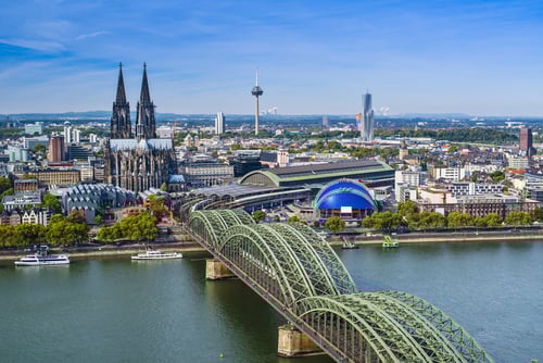 Cologne, Germany aerial view over the Rhine River.