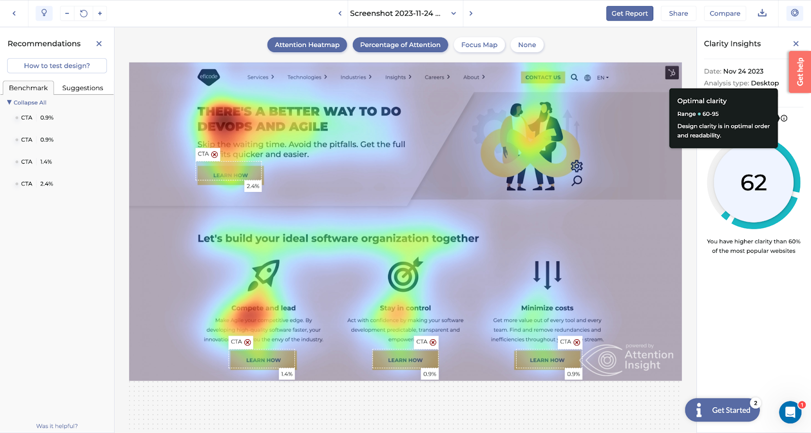 Testing the Eficode homepage with Attention Insights.