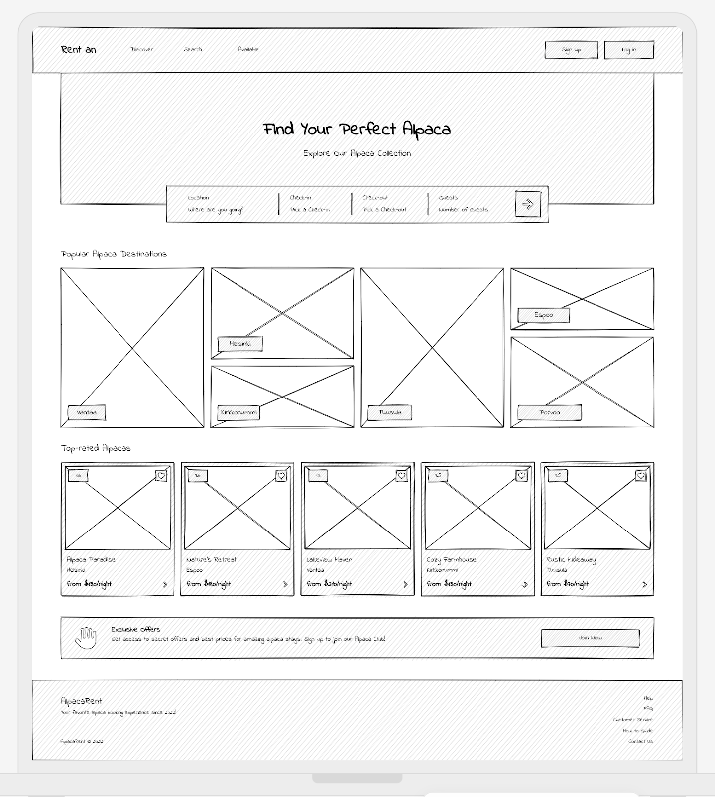 The wireframe created by UIzard for our Alpaca booking service.