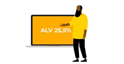 Illustraatio-kuva, jossa mies näyttää tietokoneen näyttöä, jossa on teksti alv 25,5%.