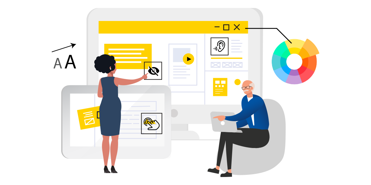 Piirros: Kaksi suurta näyttöä, joilla on abstraktit verkkosivut. Kuvan päällä on kuulemiseen, näkemiseen, kosketukseen, tekstin kokoon ja värikontrastiin viittavia kuvakkeita. Selin oleva nainen osoittaa yhtä niistä, iäkäs mies istuu vieressä kannettava tietokone sylissään