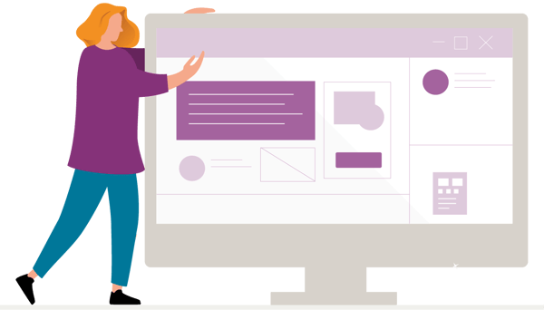 Piirros: nainen halaa suurta tietokoneen näyttöä, jossa on abstrakti verkkosivu