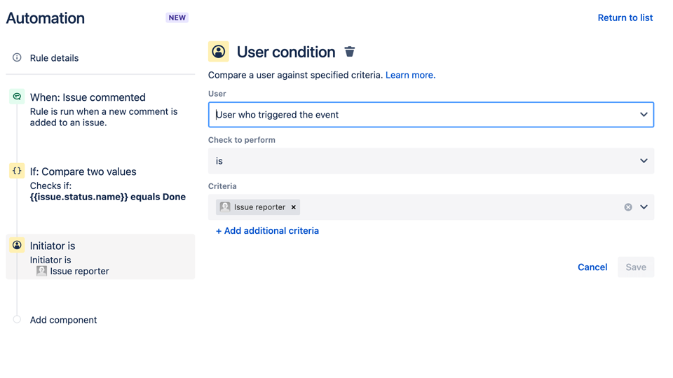 An image displaying User Conditions on Jira Service Management.