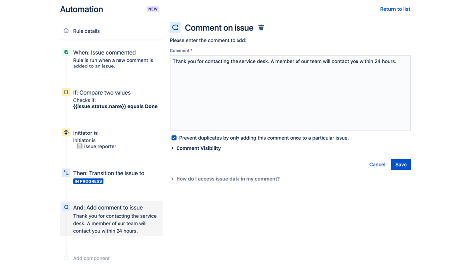 An image displaying the Comment on Issue function on Jira Service Management.