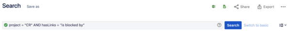 Kuvassa hakulauseke: project = "CR" AND hasLinks = "is blocked by"