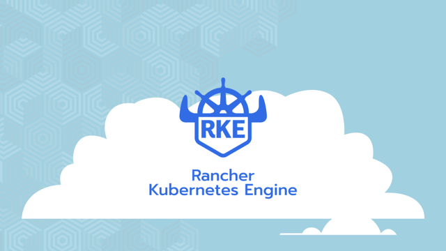 RKE logo on a cloud - blue background with hexagon pattern