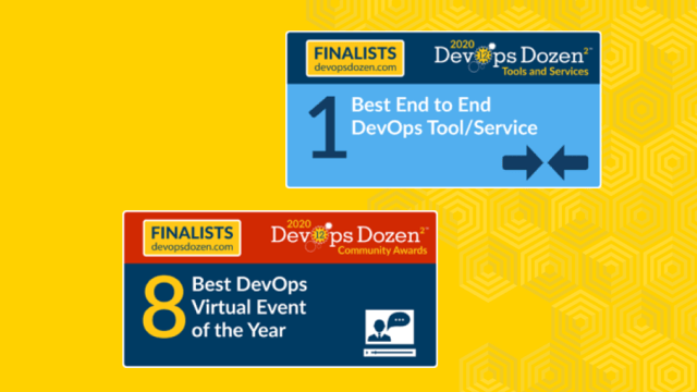 Banners of Best End to End DevOps Tool/Service and Best DevOps Virtual Event of the Year on a yellow background