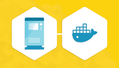 Two hexagons on a yellow background: one includes an Atlassian server, the other one a docker logo