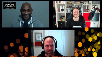 Kelsey Hightower, Nicolaj Græsholt, and Andy Allred at The DEVOPS Conference fireside chat