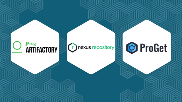 3 logos in 3 hexagons: Jfrog artifactory, Sonatype nexus and Proget