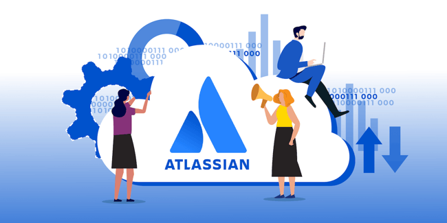 A cloud with the Atlassian logo with three persons working