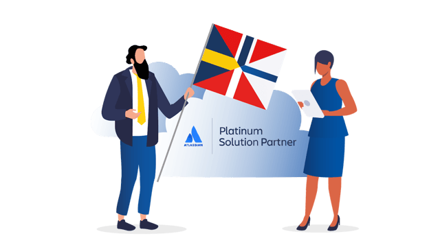 Two persons, one holds a flag mixed with 4 nordic flags and there's an Atlassian platinum partner logo on a cloud
