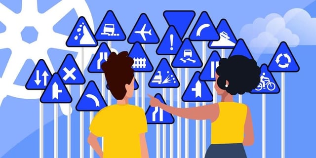 Two persons look at a big bunch of blue traffic signs with the kubernetes helm logo in the background