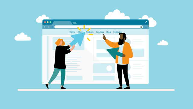 2 persons pointing at webpage navigation bar
