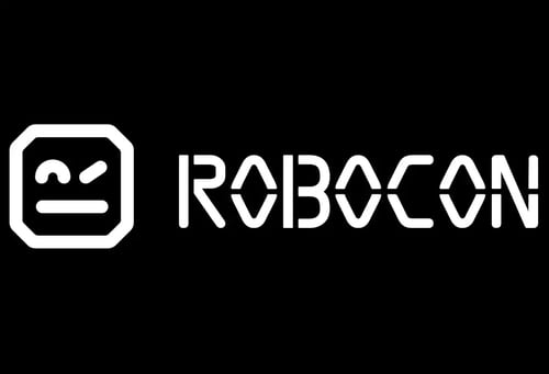 White Robot Framework and RoboCon conference logos on a black background.