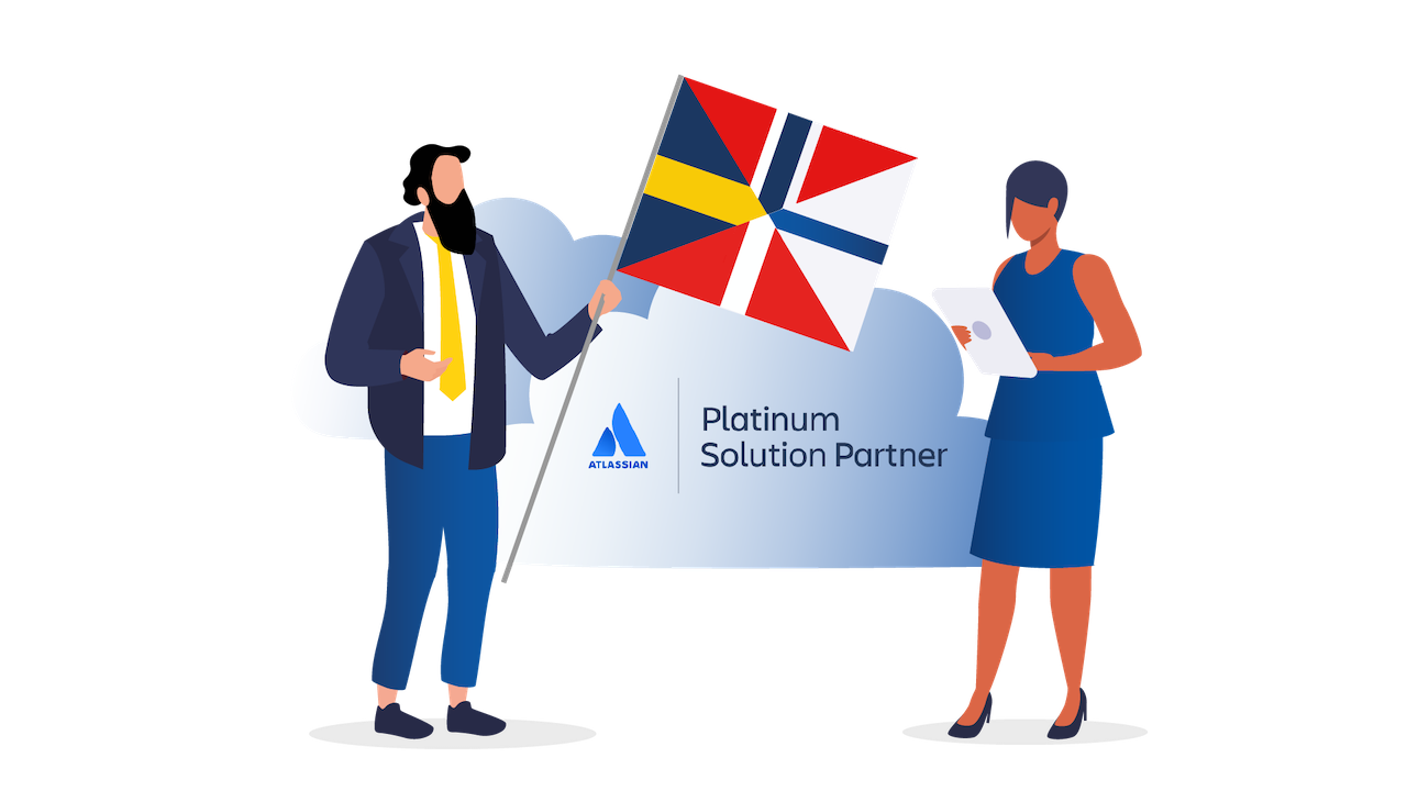 Two persons, one holds a flag mixed with 4 nordic flags and there's an Atlassian platinum partner logo on a cloud